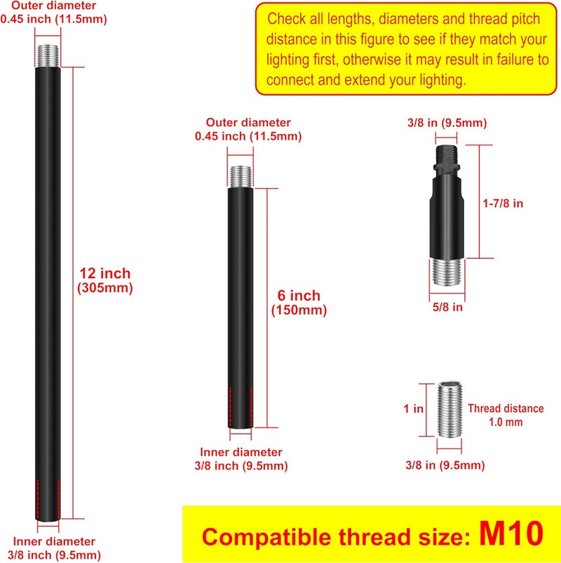 MAYOMAJO M10 Threaded Extension Poles Lighting Fixture Downrods Stems & 180 Degrees Sloped Ceiling Adapter Kits for Pendant Light, Island Lighting, Chandeliers (Black) - Image 2
